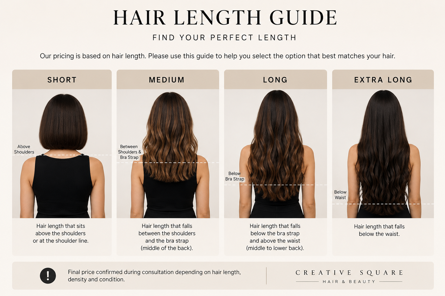 Creative Square hair length guide showing short, medium, long, and extra long lengths